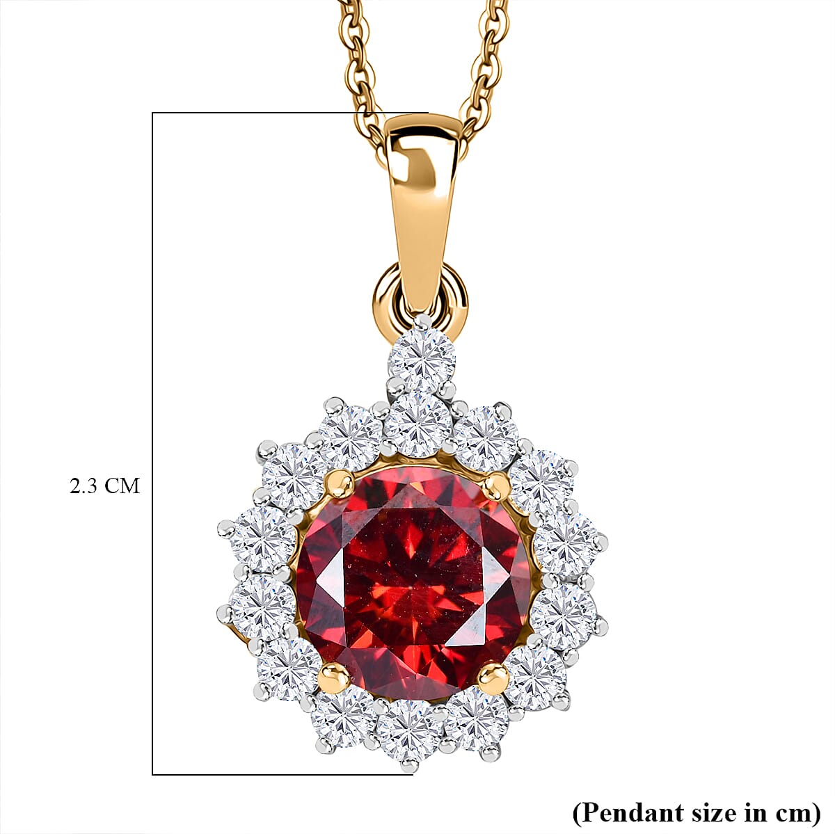 DEAL OF THE DAY - Premium Red Moissanite Solitaire and White Moissanite Pendant with Chain (Size 20) in 18K Vermeil Yellow Gold Plated Sterling Silver 2.21 Ct. DEAL OF THE DAY - Premium Red Moissanite Solitaire and White Moissanite Pendant with Chain (Size 20) in 18K Vermeil Yellow Gold Plated Sterling Silver 2.21 Ct.