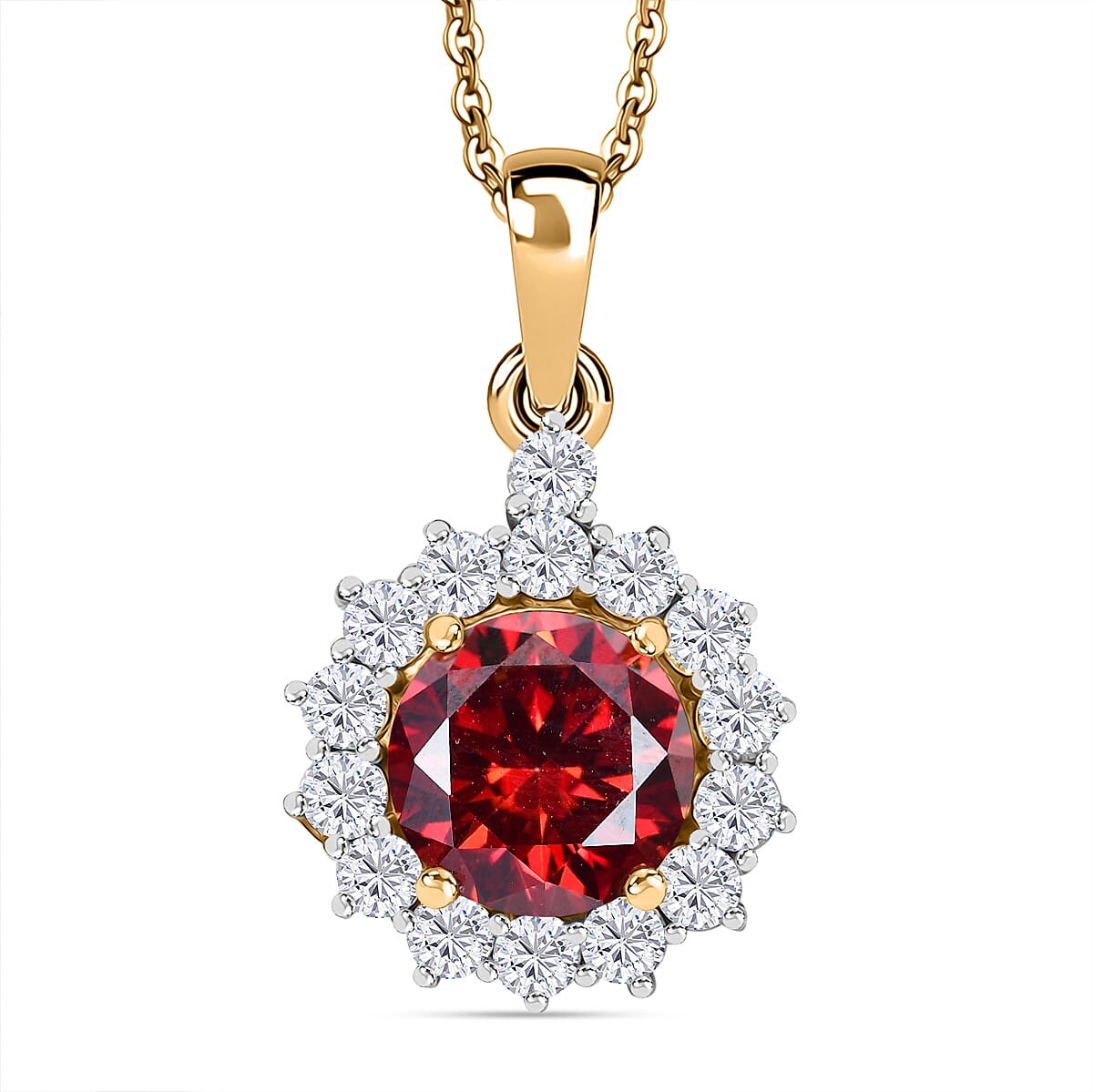 DEAL OF THE DAY - Premium Red Moissanite Solitaire and White Moissanite Pendant with Chain (Size 20) in 18K Vermeil Yellow Gold Plated Sterling Silver 2.21 Ct. DEAL OF THE DAY - Premium Red Moissanite Solitaire and White Moissanite Pendant with Chain (Size 20) in 18K Vermeil Yellow Gold Plated Sterling Silver 2.21 Ct.