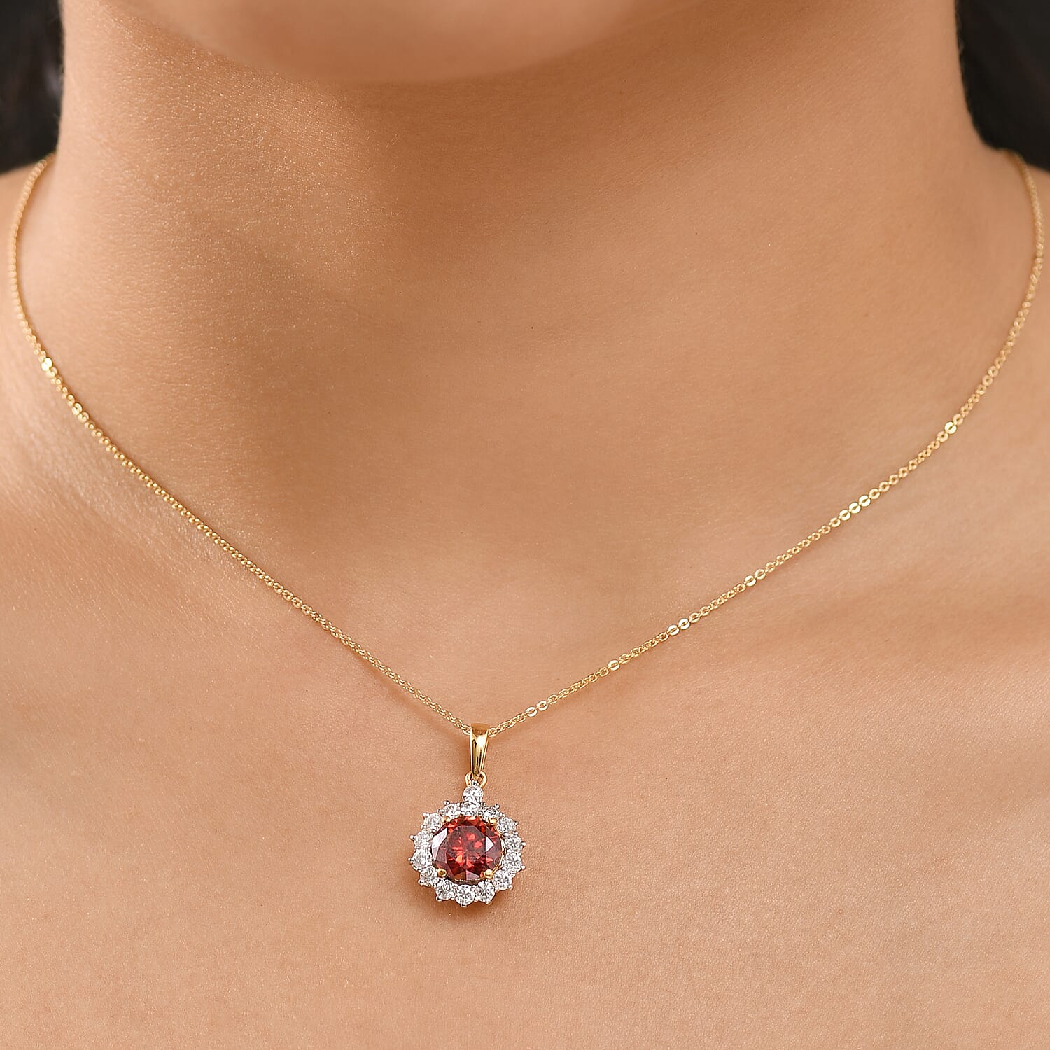DEAL OF THE DAY - Premium Red Moissanite Solitaire and White Moissanite Pendant with Chain (Size 20) in 18K Vermeil Yellow Gold Plated Sterling Silver 2.21 Ct. DEAL OF THE DAY - Premium Red Moissanite Solitaire and White Moissanite Pendant with Chain (Size 20) in 18K Vermeil Yellow Gold Plated Sterling Silver 2.21 Ct.