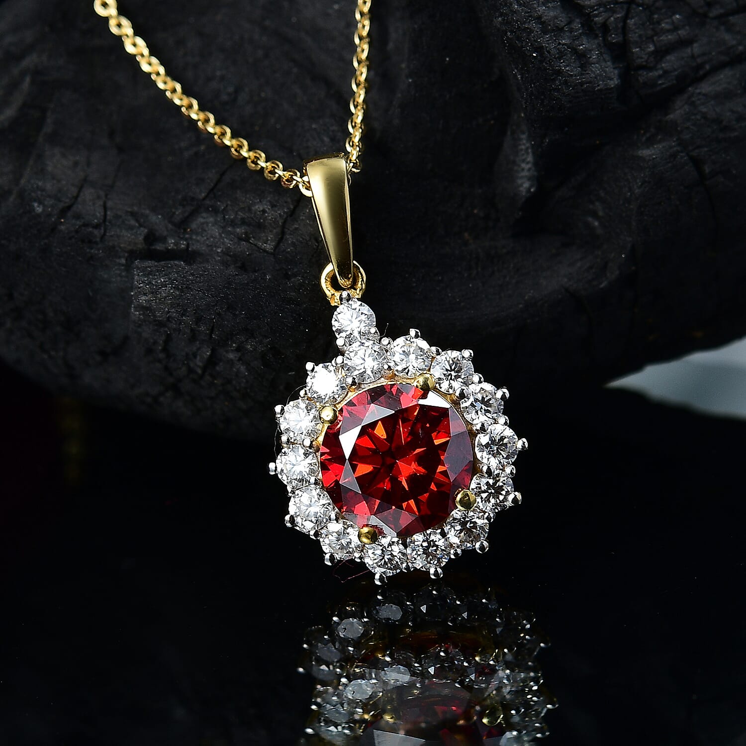 DEAL OF THE DAY - Premium Red Moissanite Solitaire and White Moissanite Pendant with Chain (Size 20) in 18K Vermeil Yellow Gold Plated Sterling Silver 2.21 Ct. DEAL OF THE DAY - Premium Red Moissanite Solitaire and White Moissanite Pendant with Chain (Size 20) in 18K Vermeil Yellow Gold Plated Sterling Silver 2.21 Ct.