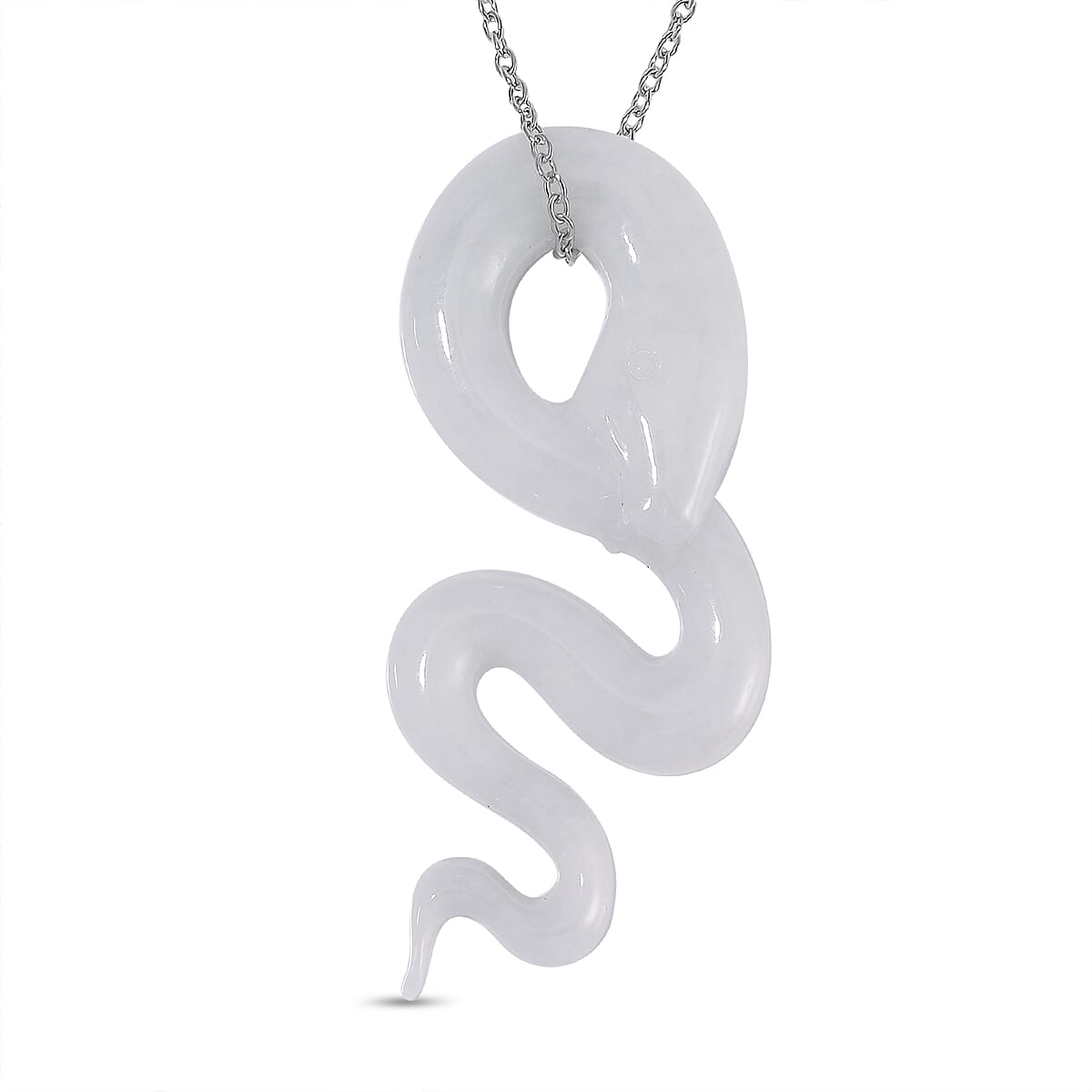 RARE OPPORTUNITY- Type A - Natural White Jadeite Jade Snake Pendant with Chain (Size - 20) in Rhodium Overlay Sterling Silver 37.00 Ct.