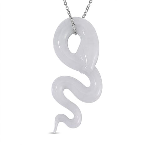 RARE OPPORTUNITY- Type A - Natural White Jadeite Jade Snake Pendant with Chain (Size - 20) in Rhodium Overlay Sterling Silver 37.00 Ct.