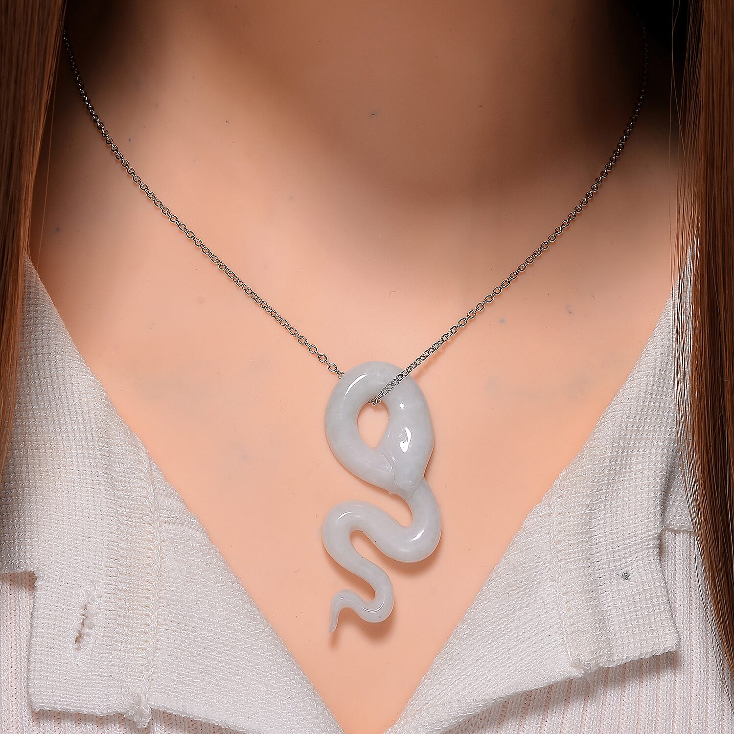 RARE OPPORTUNITY- Type A - Natural White Jadeite Jade Snake Pendant with Chain (Size - 20) in Rhodium Overlay Sterling Silver 37.00 Ct.
