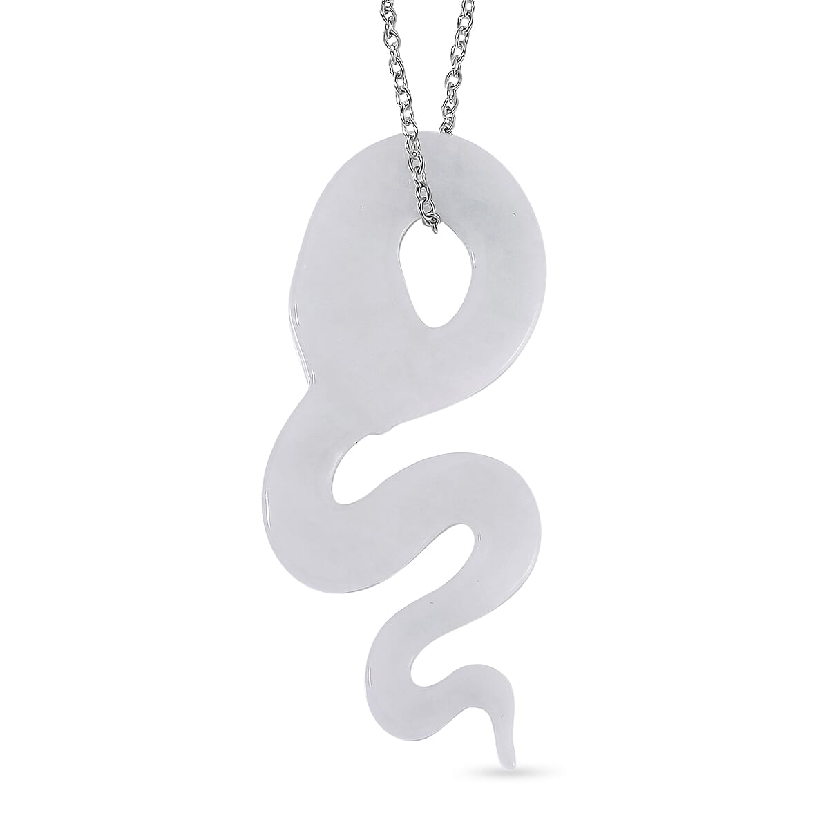RARE OPPORTUNITY- Type A - Natural White Jadeite Jade Snake Pendant with Chain (Size - 20) in Rhodium Overlay Sterling Silver 37.00 Ct.