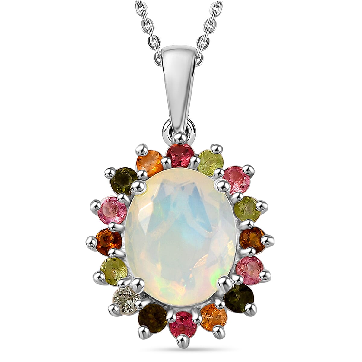 Ethiopian Opal & Multi-Tourmaline Pendant with Chain (Size 20) in Rhodium Overlay Sterling Silver 2.24 Ct.