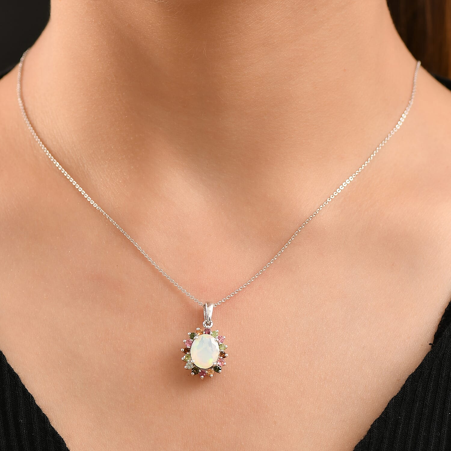 Ethiopian Opal & Multi-Tourmaline Pendant with Chain (Size 20) in Rhodium Overlay Sterling Silver 2.24 Ct.