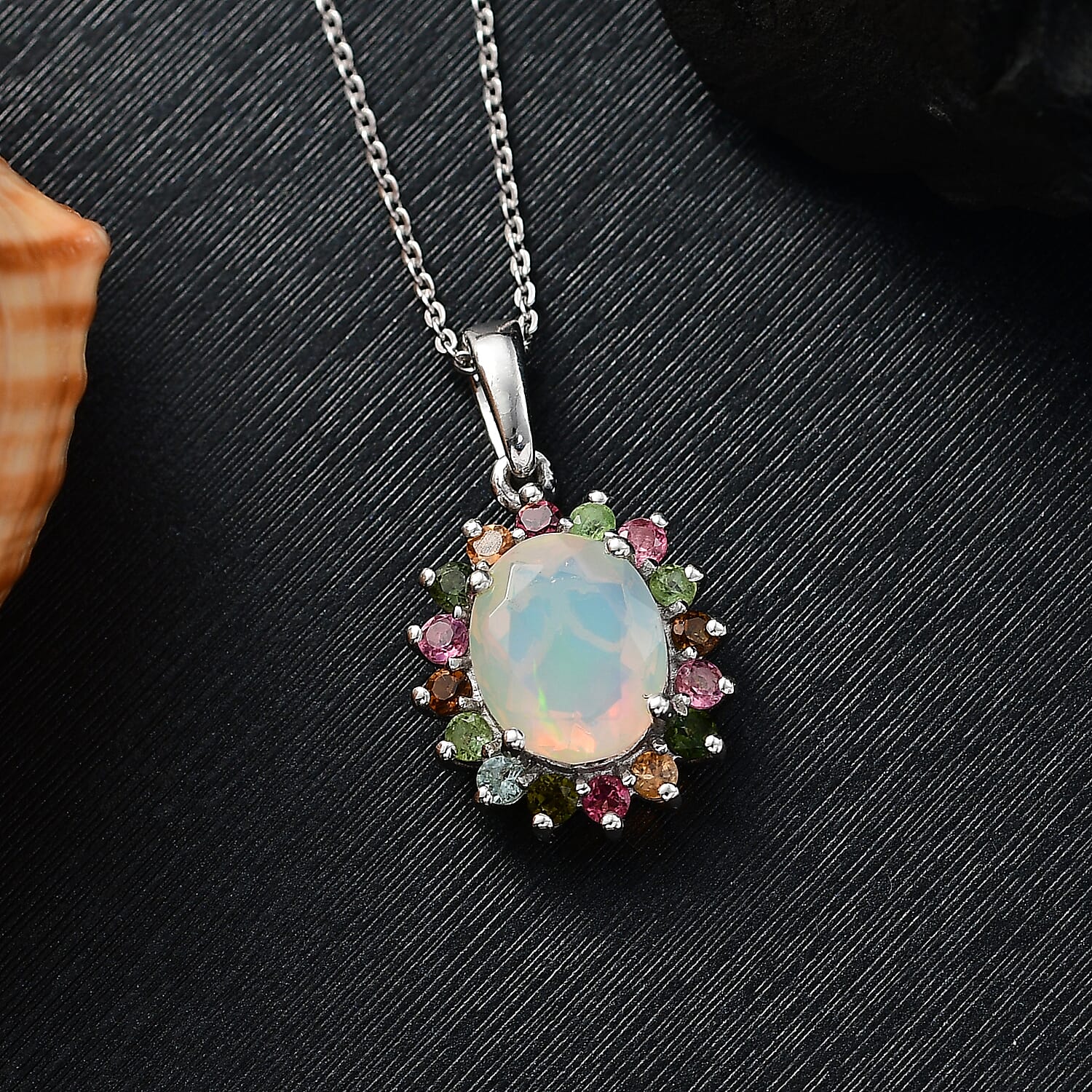 Ethiopian Opal & Multi-Tourmaline Pendant with Chain (Size 20) in Rhodium Overlay Sterling Silver 2.24 Ct.