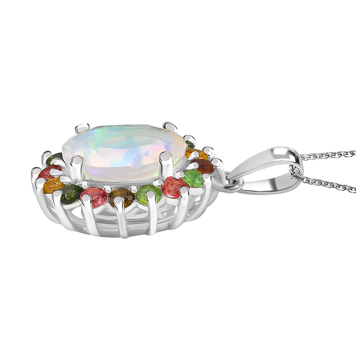 Ethiopian Opal & Multi-Tourmaline Pendant with Chain (Size 20) in Rhodium Overlay Sterling Silver 2.24 Ct.