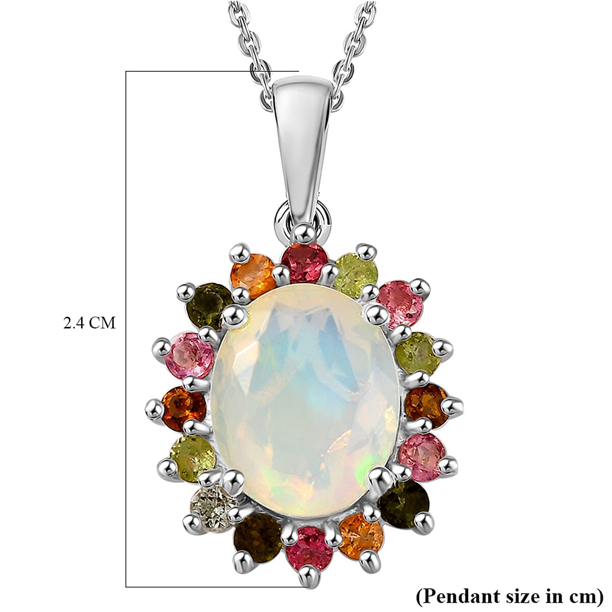Ethiopian Opal & Multi-Tourmaline Pendant with Chain (Size 20) in Rhodium Overlay Sterling Silver 2.24 Ct.