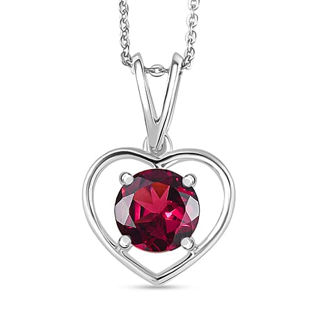 D'Joy 1.50 Ct. Rhodolite Garnet Solitaire Heart Pendant with Chain (Size 18) in Rhodium Overlay Sterling Silver