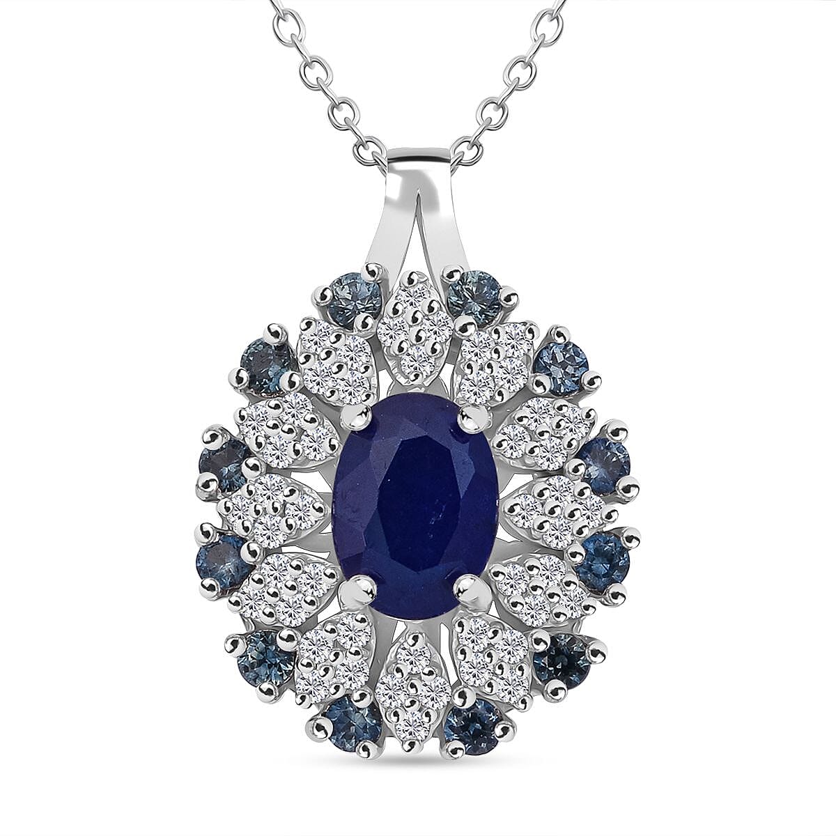 Premium Vietnamese Cobalt Blue Spinel, White Zircon & Blue Sapphire Pendant with Chain (Size 20) in Rhodium Overlay Sterling Silver 2.14 Ct.