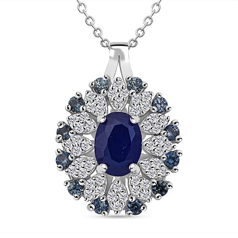 Premium Vietnamese Cobalt Blue Spinel, White Zircon & Blue Sapphire Pendant with Chain (Size 20) in Rhodium Overlay Sterling Silver 2.14 Ct.