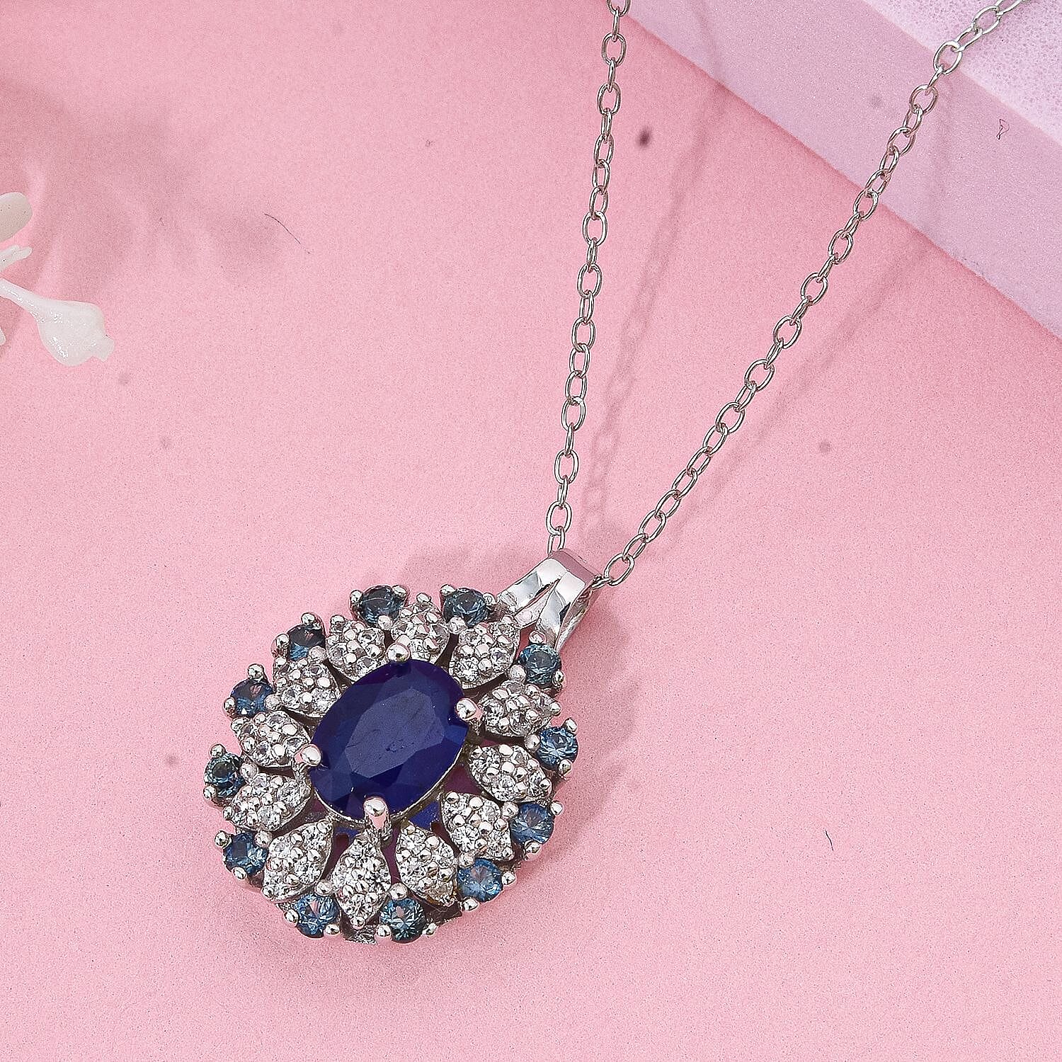 Premium Vietnamese Cobalt Blue Spinel, White Zircon & Blue Sapphire Pendant with Chain (Size 20) in Rhodium Overlay Sterling Silver 2.14 Ct.