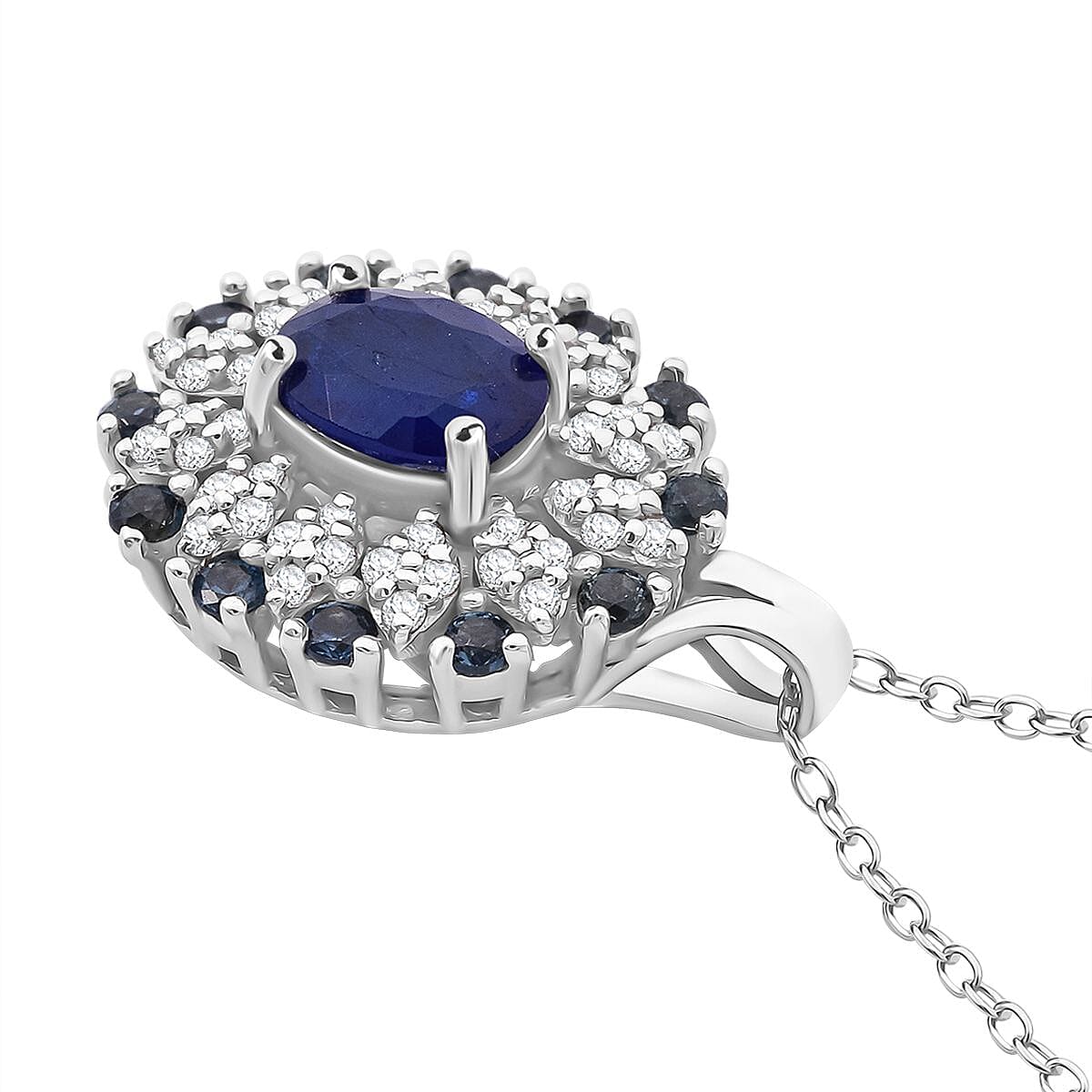 Premium Vietnamese Cobalt Blue Spinel, White Zircon & Blue Sapphire Pendant with Chain (Size 20) in Rhodium Overlay Sterling Silver 2.14 Ct.