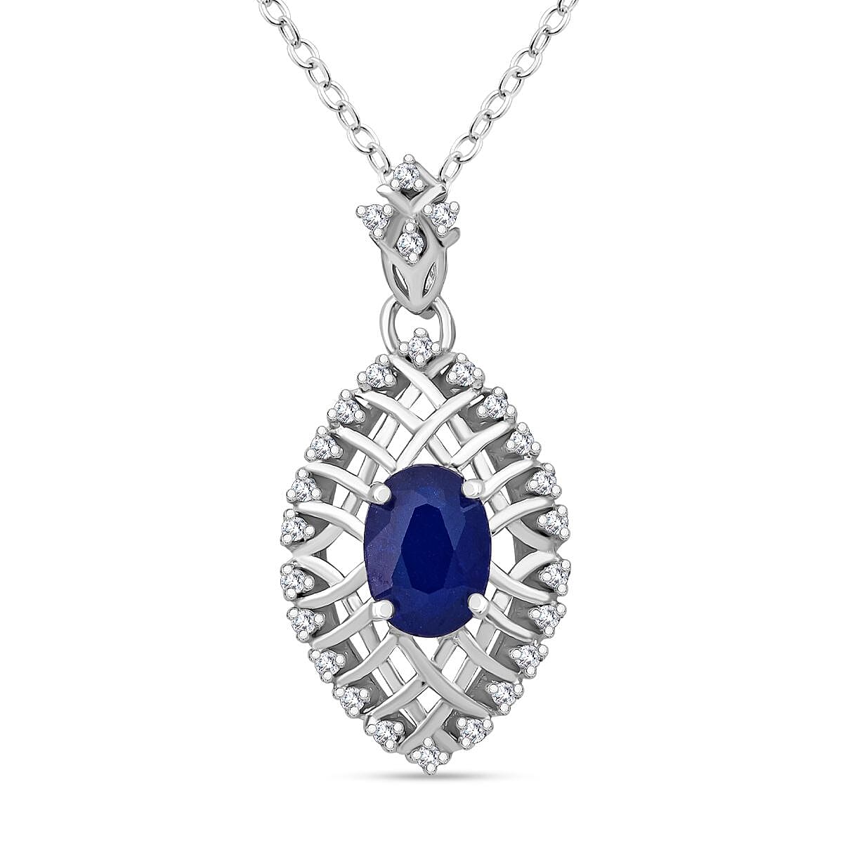 Premium Vietnamese Cobalt Blue Spinel & White Zircon Pendant with Chain (Size 20) in Rhodium Overlay Sterling Silver 1.36 Ct.
