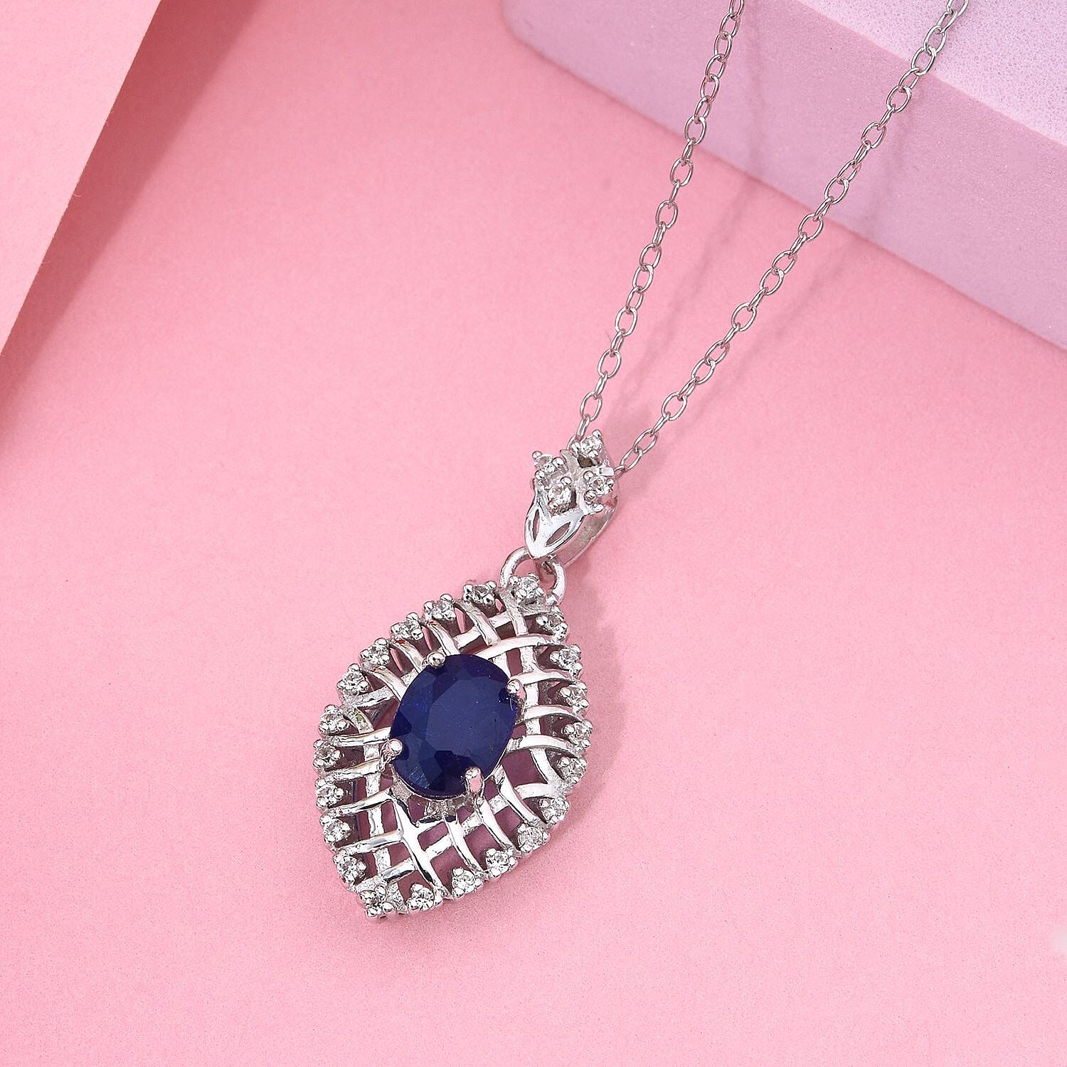 Premium Vietnamese Cobalt Blue Spinel & White Zircon Pendant with Chain (Size 20) in Rhodium Overlay Sterling Silver 1.36 Ct.