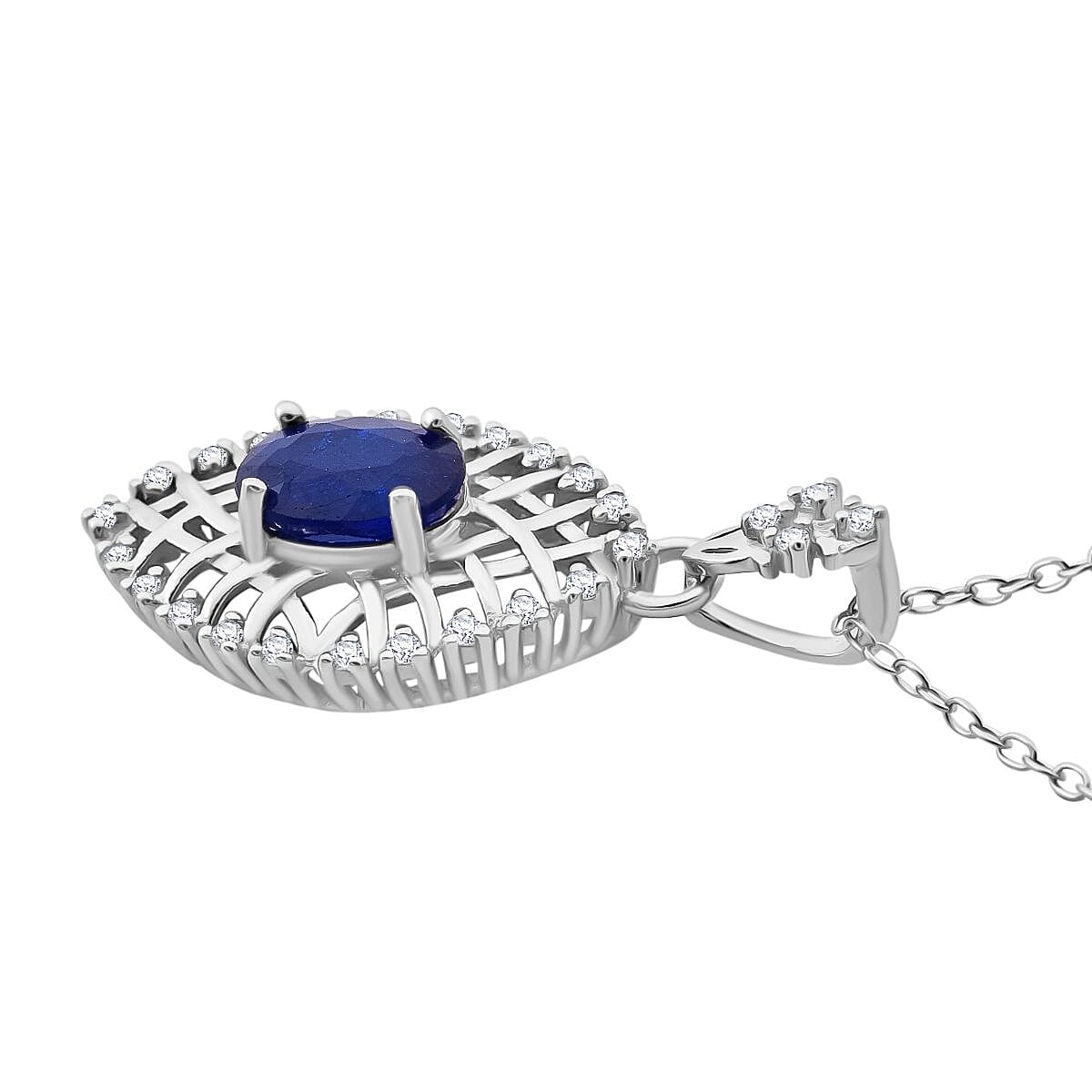 Premium Vietnamese Cobalt Blue Spinel & White Zircon Pendant with Chain (Size 20) in Rhodium Overlay Sterling Silver 1.36 Ct.