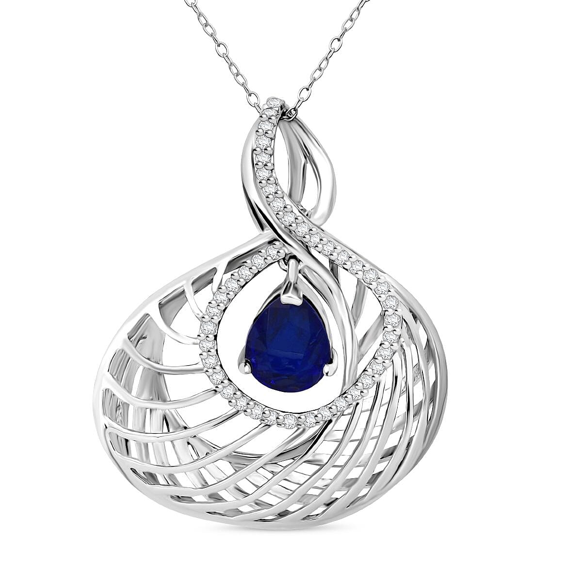 Premium Vietnamese Cobalt Blue Spinel & White Zircon Pendant with Chain (Size 20) in Rhodium Overlay Sterling Silver 2.21 Ct.