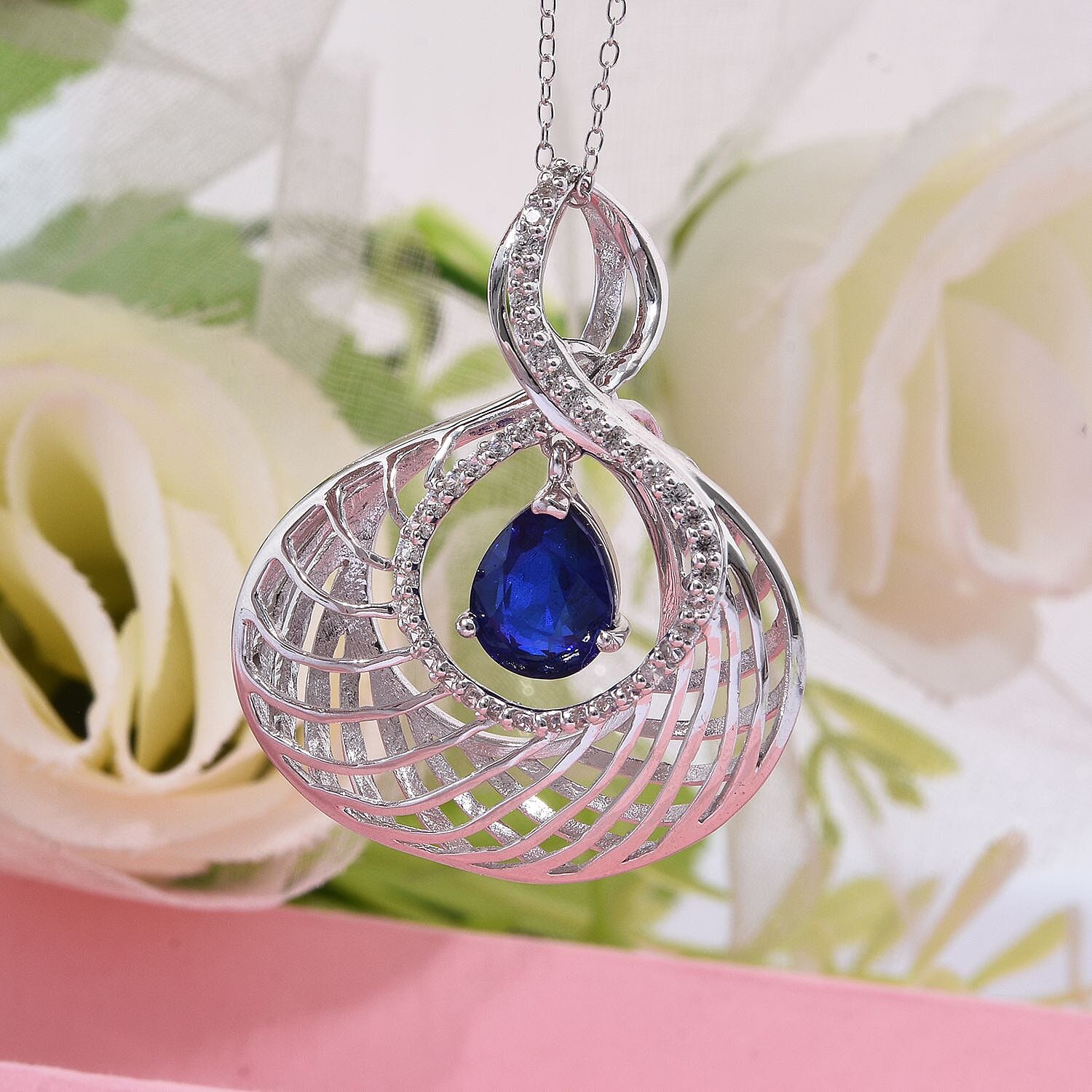 Premium Vietnamese Cobalt Blue Spinel & White Zircon Pendant with Chain (Size 20) in Rhodium Overlay Sterling Silver 2.21 Ct.