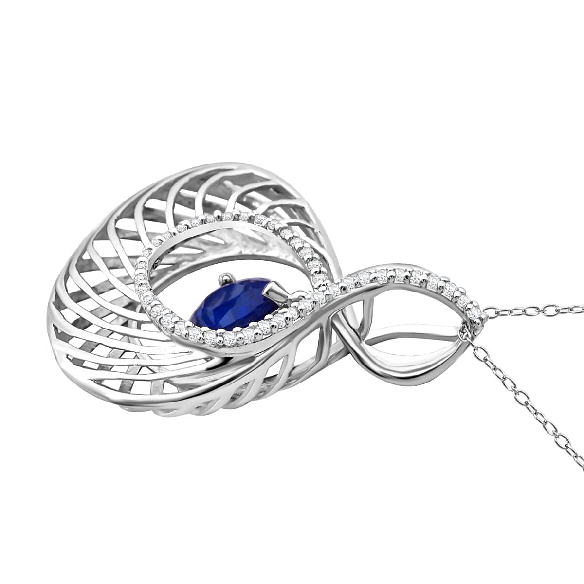 Premium Vietnamese Cobalt Blue Spinel & White Zircon Pendant with Chain (Size 20) in Rhodium Overlay Sterling Silver 2.21 Ct.