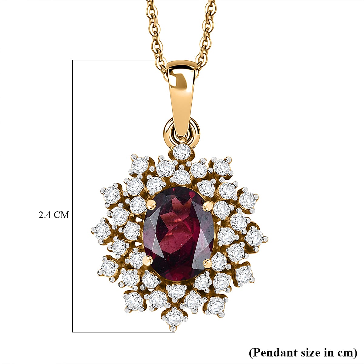 Rhodolite Garnet & White Zircon Pendant with Chain (Size 20) in 18K Vermeil Yellow Gold Plated Sterling Silver 2.26 Ct. Rhodolite Garnet & White Zircon Pendant with Chain (Size 20) in 18K Vermeil Yellow Gold Plated Sterling Silver 2.26 Ct.