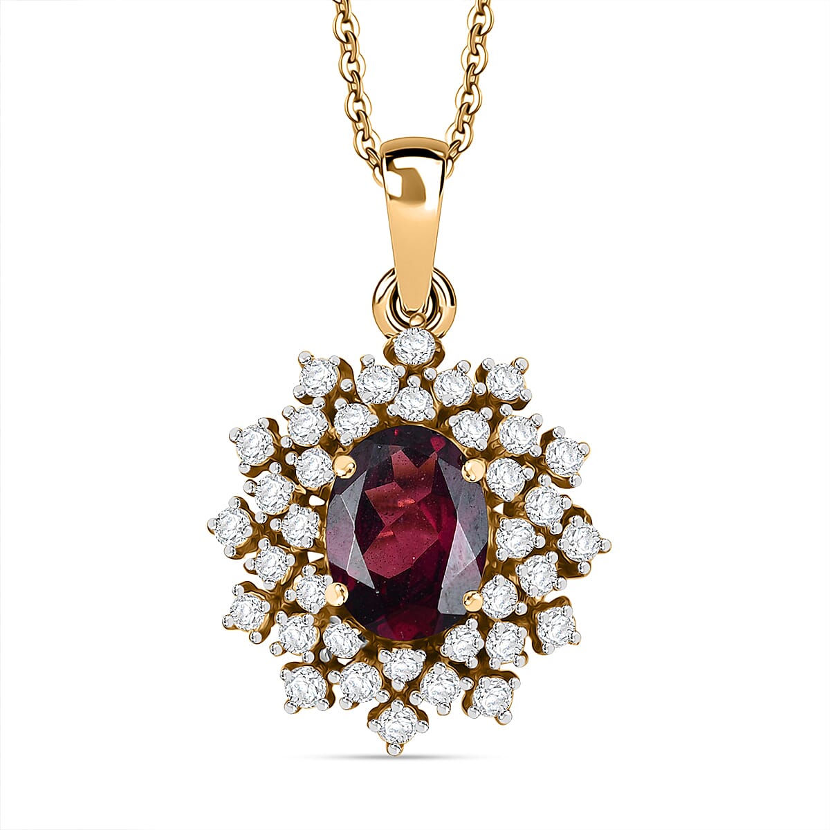 Rhodolite Garnet & White Zircon Pendant with Chain (Size 20) in 18K Vermeil Yellow Gold Plated Sterling Silver 2.26 Ct. Rhodolite Garnet & White Zircon Pendant with Chain (Size 20) in 18K Vermeil Yellow Gold Plated Sterling Silver 2.26 Ct.