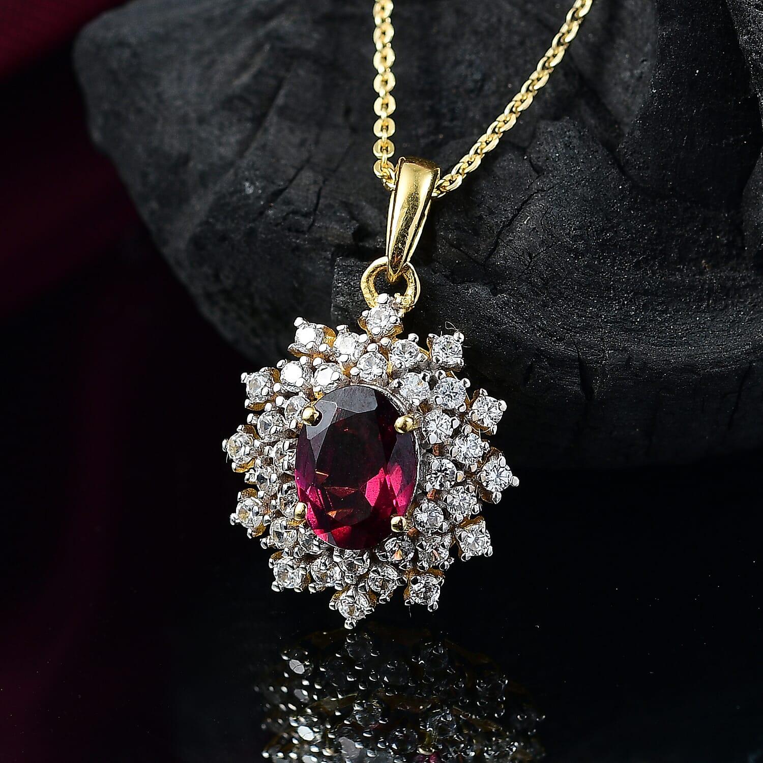 Rhodolite Garnet & White Zircon Pendant with Chain (Size 20) in 18K Vermeil Yellow Gold Plated Sterling Silver 2.26 Ct. Rhodolite Garnet & White Zircon Pendant with Chain (Size 20) in 18K Vermeil Yellow Gold Plated Sterling Silver 2.26 Ct.
