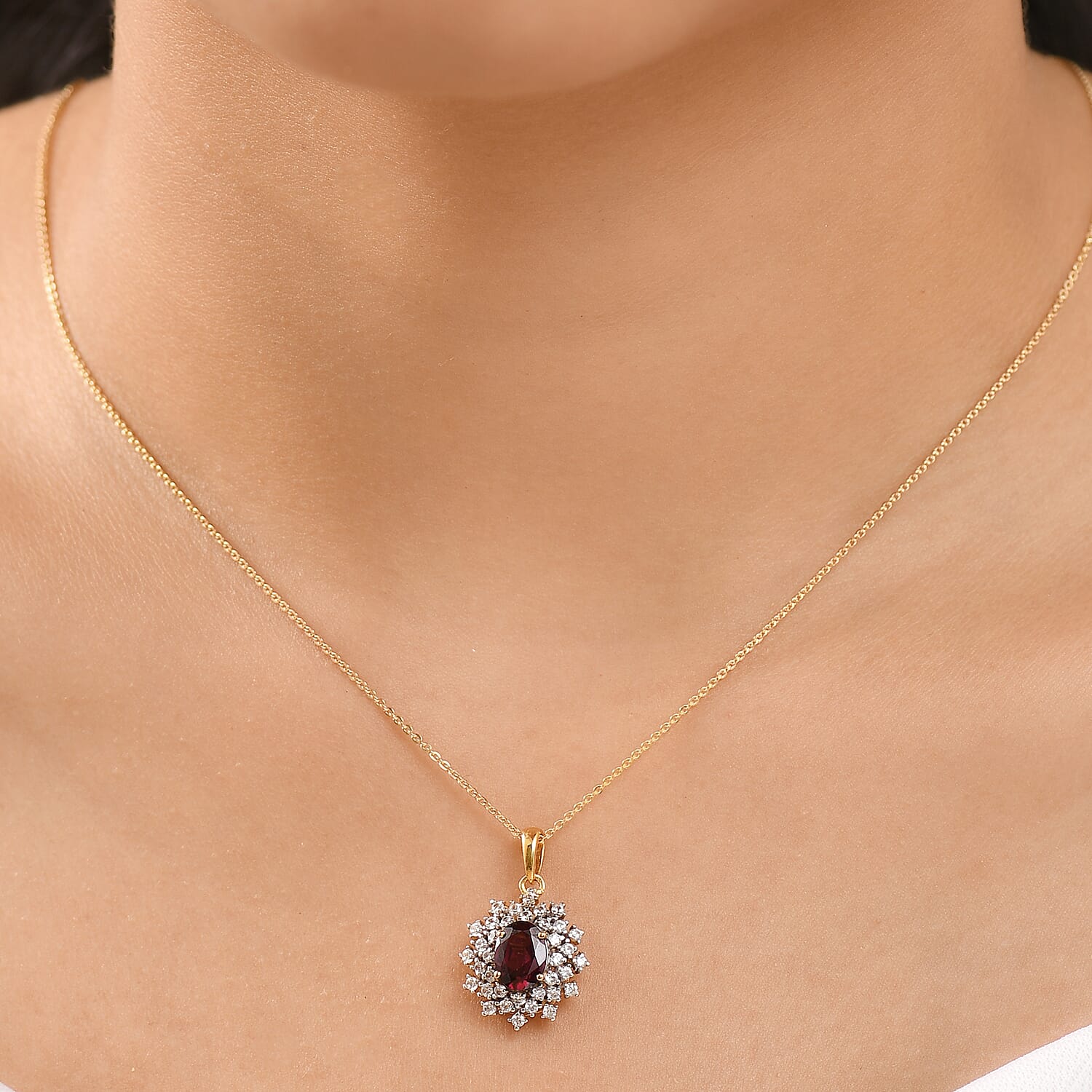 Rhodolite Garnet & White Zircon Pendant with Chain (Size 20) in 18K Vermeil Yellow Gold Plated Sterling Silver 2.26 Ct. Rhodolite Garnet & White Zircon Pendant with Chain (Size 20) in 18K Vermeil Yellow Gold Plated Sterling Silver 2.26 Ct.