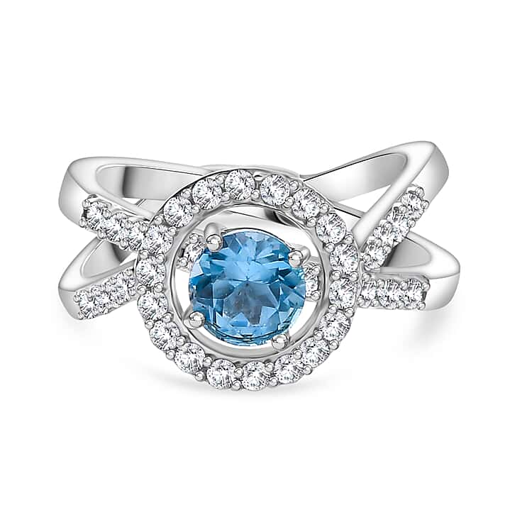 GP Royal Art Deco Collection - Set of 2 Swiss Blue Topaz, White Zircon Stackable Ring in Sterling Silver