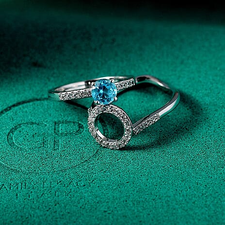 GP Royal Art Deco Collection - Set of 2 Swiss Blue Topaz White Zirco & Blue Sapphire Stackable Ring in Sterling Silver 1.73 Ct.