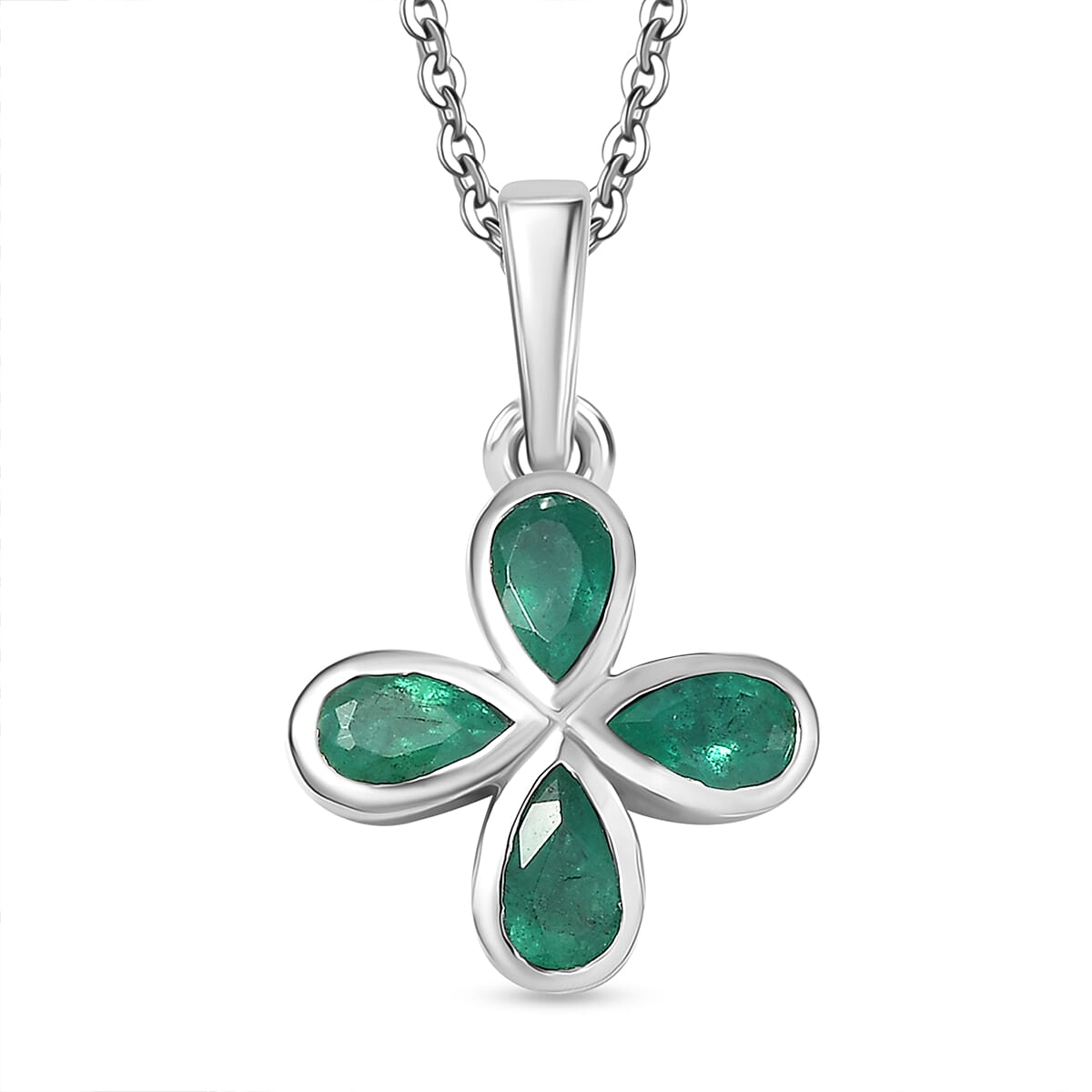 AAA Gemfields Emerald Pendant with Chain (Size 20) in Rhodium Overlay Sterling Silver 0.77 Ct.