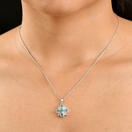 AAA Gemfield Emerald & White Zircon Pendant with Chain (Size 20) in Rhodium Overlay Sterling Silver 1.25 Ct.