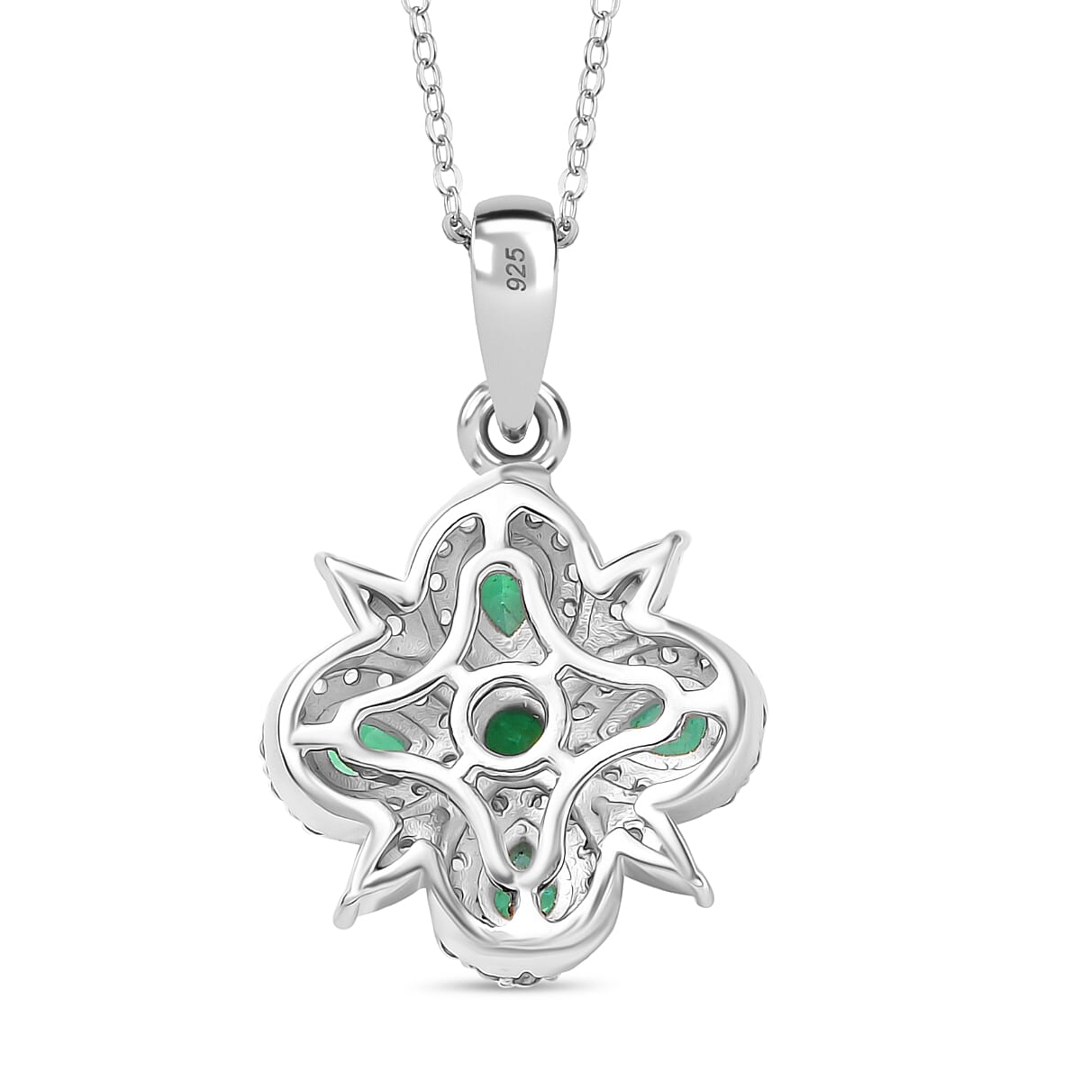 AAA Gemfield Emerald & White Zircon Pendant with Chain (Size 20) in Rhodium Overlay Sterling Silver 1.25 Ct. AAA Gemfield Emerald & White Zircon Pendant with Chain (Size 20) in Rhodium Overlay Sterling Silver 1.25 Ct.