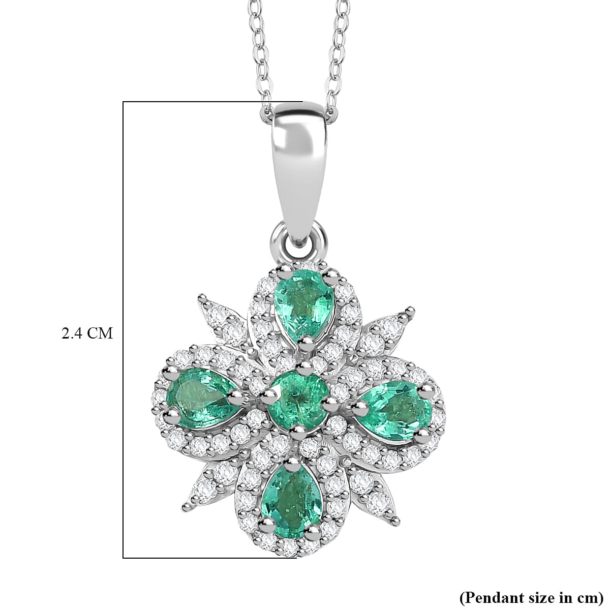 AAA Gemfield Emerald & White Zircon Pendant with Chain (Size 20) in Rhodium Overlay Sterling Silver 1.25 Ct. AAA Gemfield Emerald & White Zircon Pendant with Chain (Size 20) in Rhodium Overlay Sterling Silver 1.25 Ct.