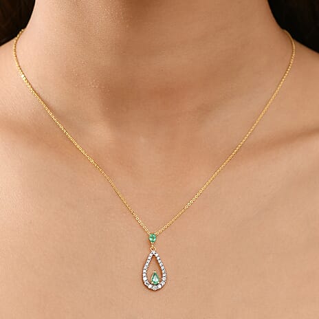 AAA Gemfields Emerald & White Zircon Pendant with Chain (Size 20) in 18K Vermeil Yellow Gold Plated Sterling Silver