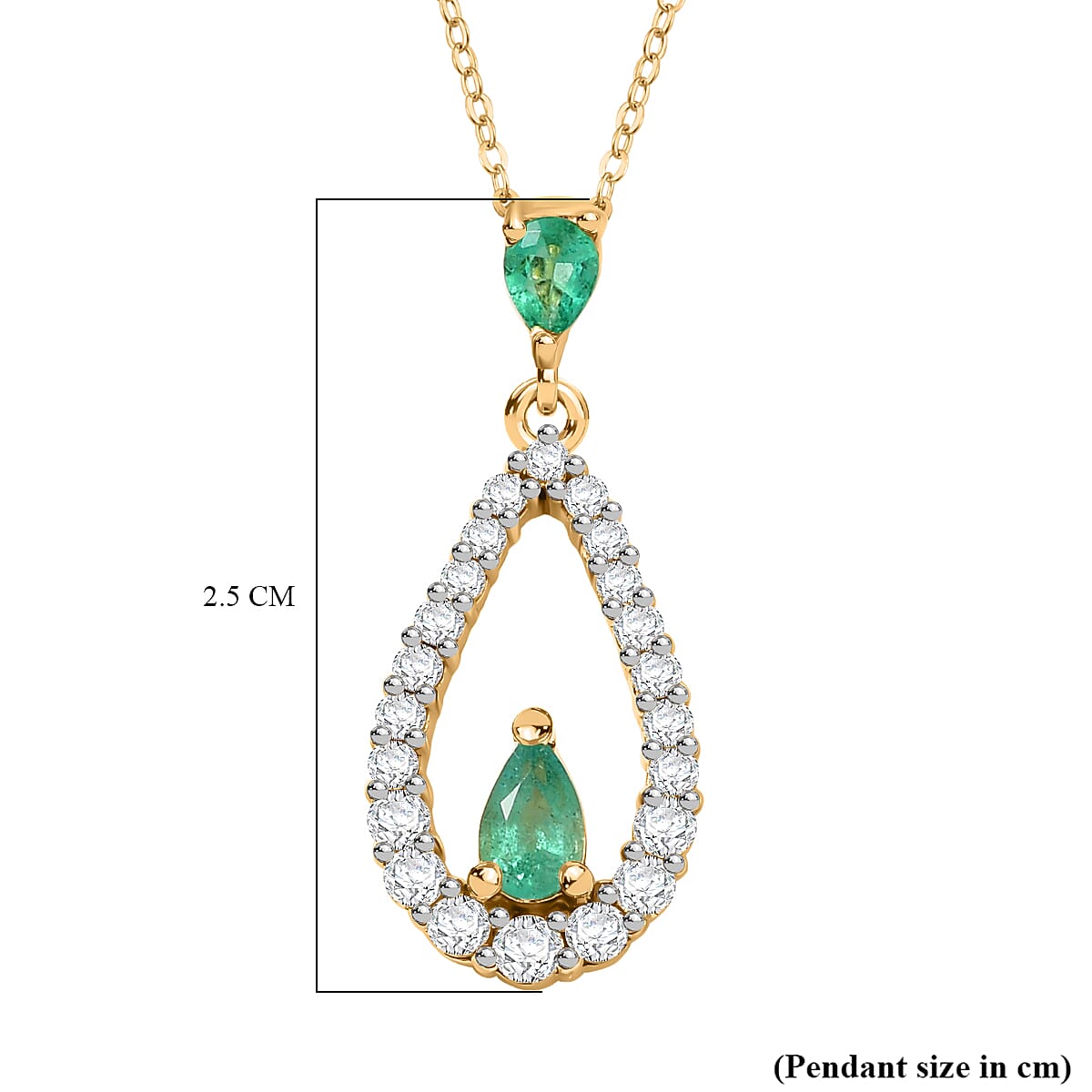 AAA Gemfields Emerald & White Zircon Pendant with Chain (Size 20) in 18K Vermeil Yellow Gold Plated Sterling Silver AAA Gemfields Emerald & White Zircon Pendant with Chain (Size 20) in 18K Vermeil Yellow Gold Plated Sterling Silver
