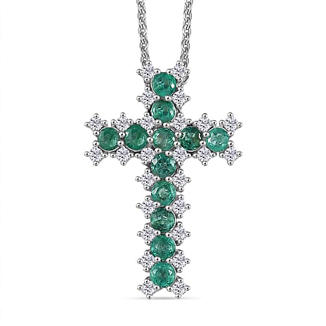 AAA Gemfield Emerald & Moissanite Cross Pendant with Chain (Size 20) in Rhodium Overlay Sterling Silver