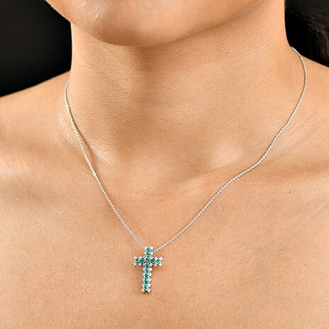 AAA Gemfield Emerald & Moissanite Cross Pendant with Chain (Size 20) in Rhodium Overlay Sterling Silver