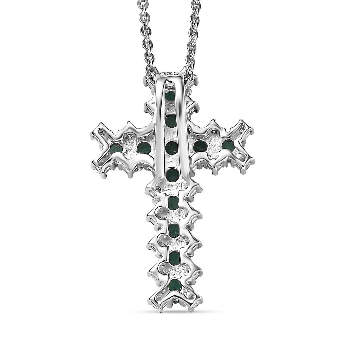 AAA Gemfield Emerald & Moissanite Cross Pendant with Chain (Size 20) in Rhodium Overlay Sterling Silver AAA Gemfield Emerald & Moissanite Cross Pendant with Chain (Size 20) in Rhodium Overlay Sterling Silver