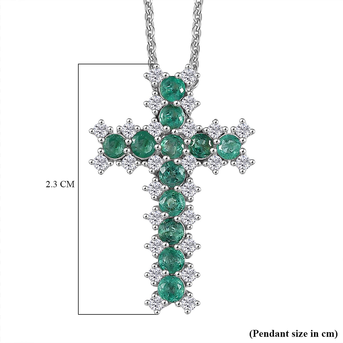 AAA Gemfield Emerald & Moissanite Cross Pendant with Chain (Size 20) in Rhodium Overlay Sterling Silver AAA Gemfield Emerald & Moissanite Cross Pendant with Chain (Size 20) in Rhodium Overlay Sterling Silver