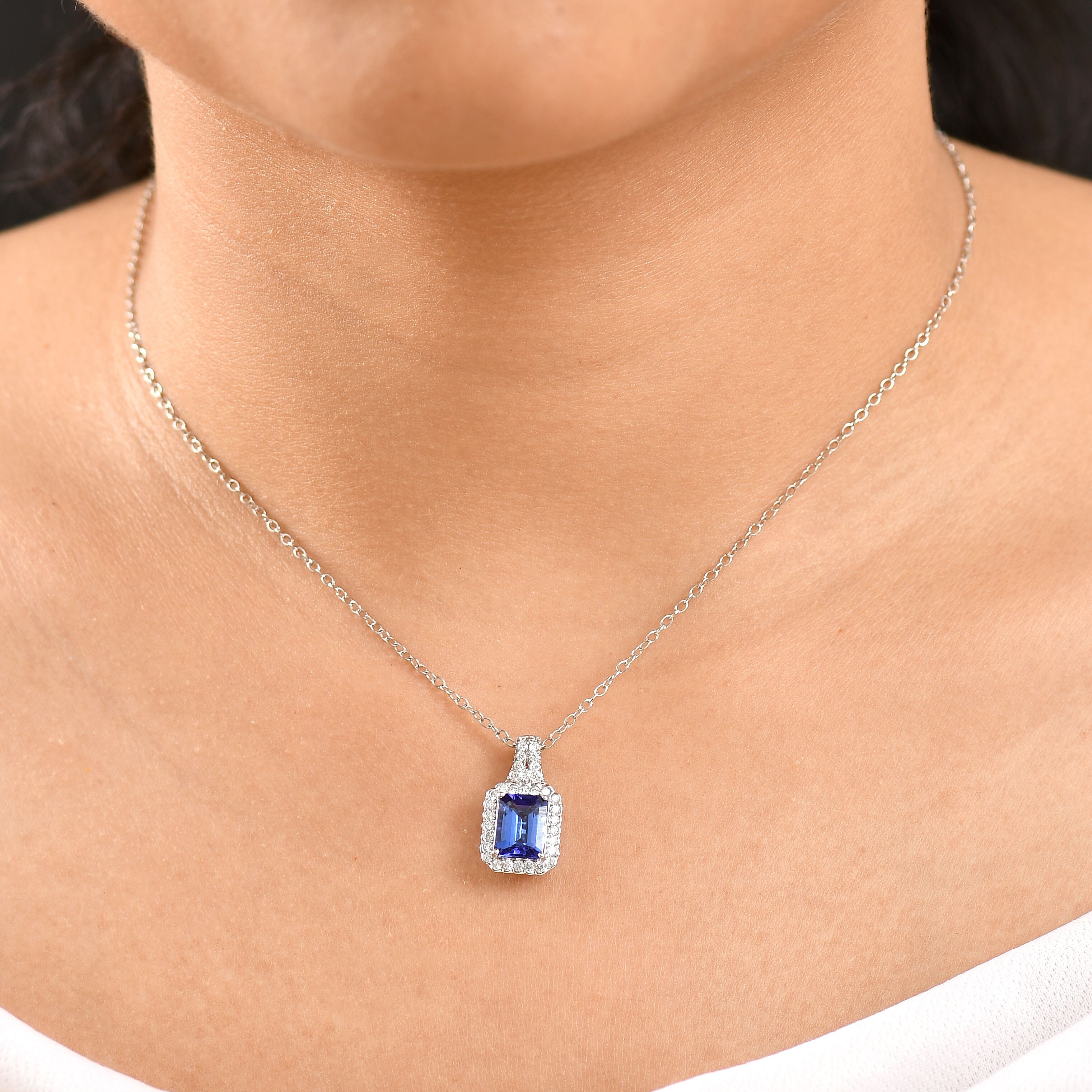 RHAPSODY - Tanzanite AGI Certified 950 Platinum & VS-E-F White Diamond Emerald Cut Halo Pendant with Chain (Size 20) 2.93 Ct, Platinum Wt. 5.40 Gms