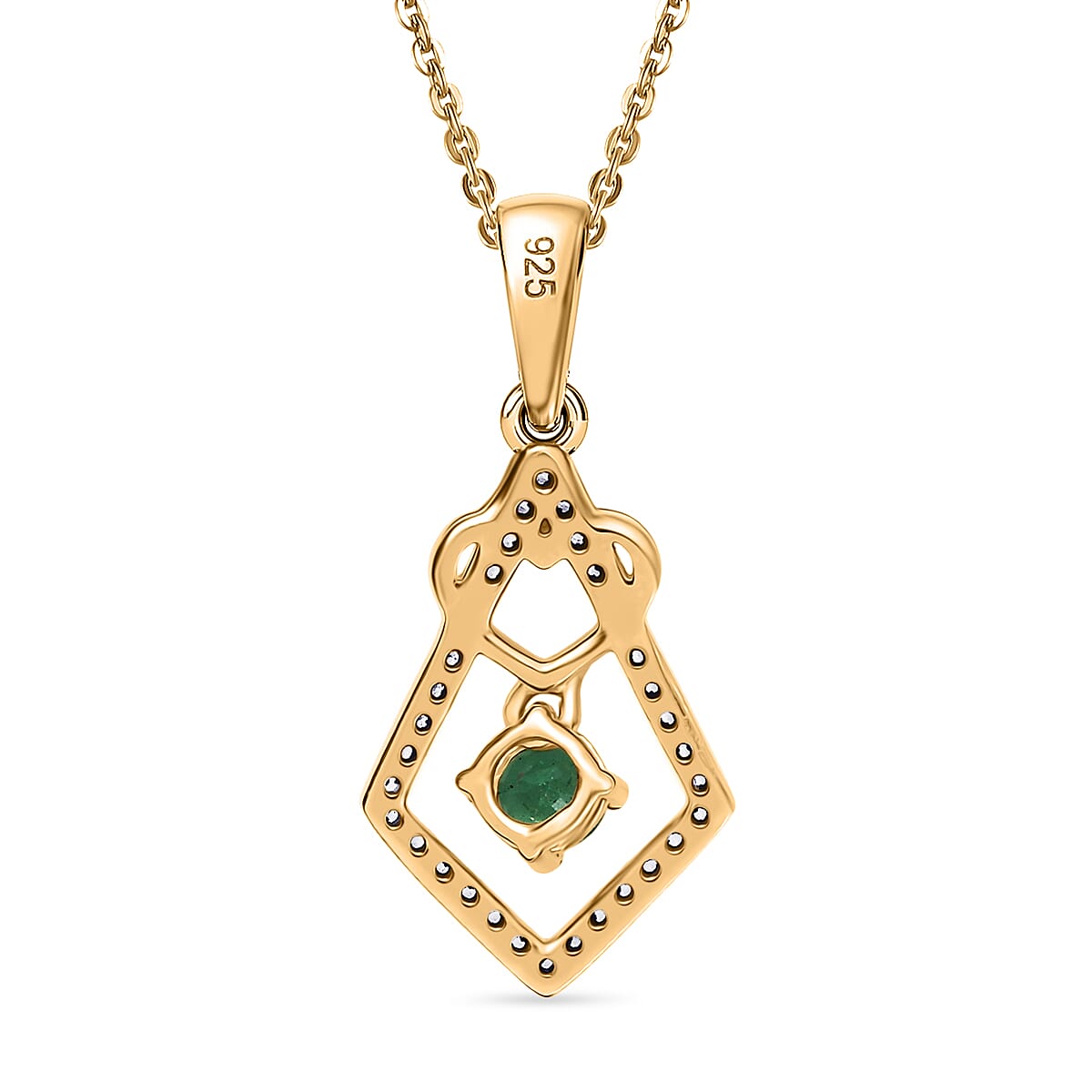 AAA Gemfields Emerald & White Zircon Pendant with Chain (Size 20) in 18K Vermeil Yellow Gold Plated Sterling Silver AAA Gemfields Emerald & White Zircon Pendant with Chain (Size 20) in 18K Vermeil Yellow Gold Plated Sterling Silver
