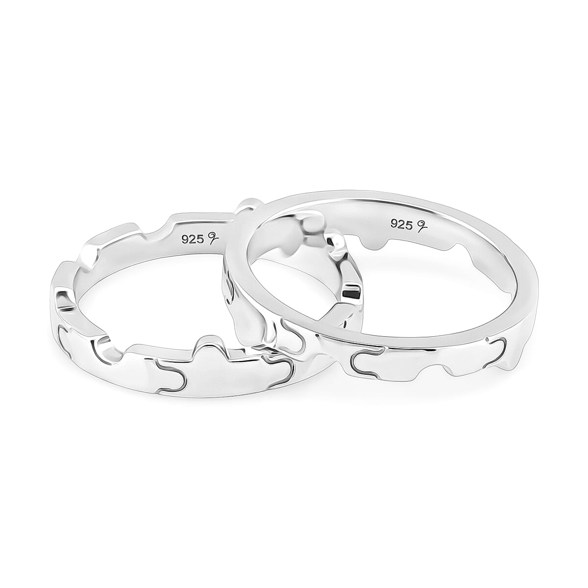 Lucy Q Jigsaw Collection - Set of 2 Interlocking Band Ring in Rhodium Overlay Sterling Silver
