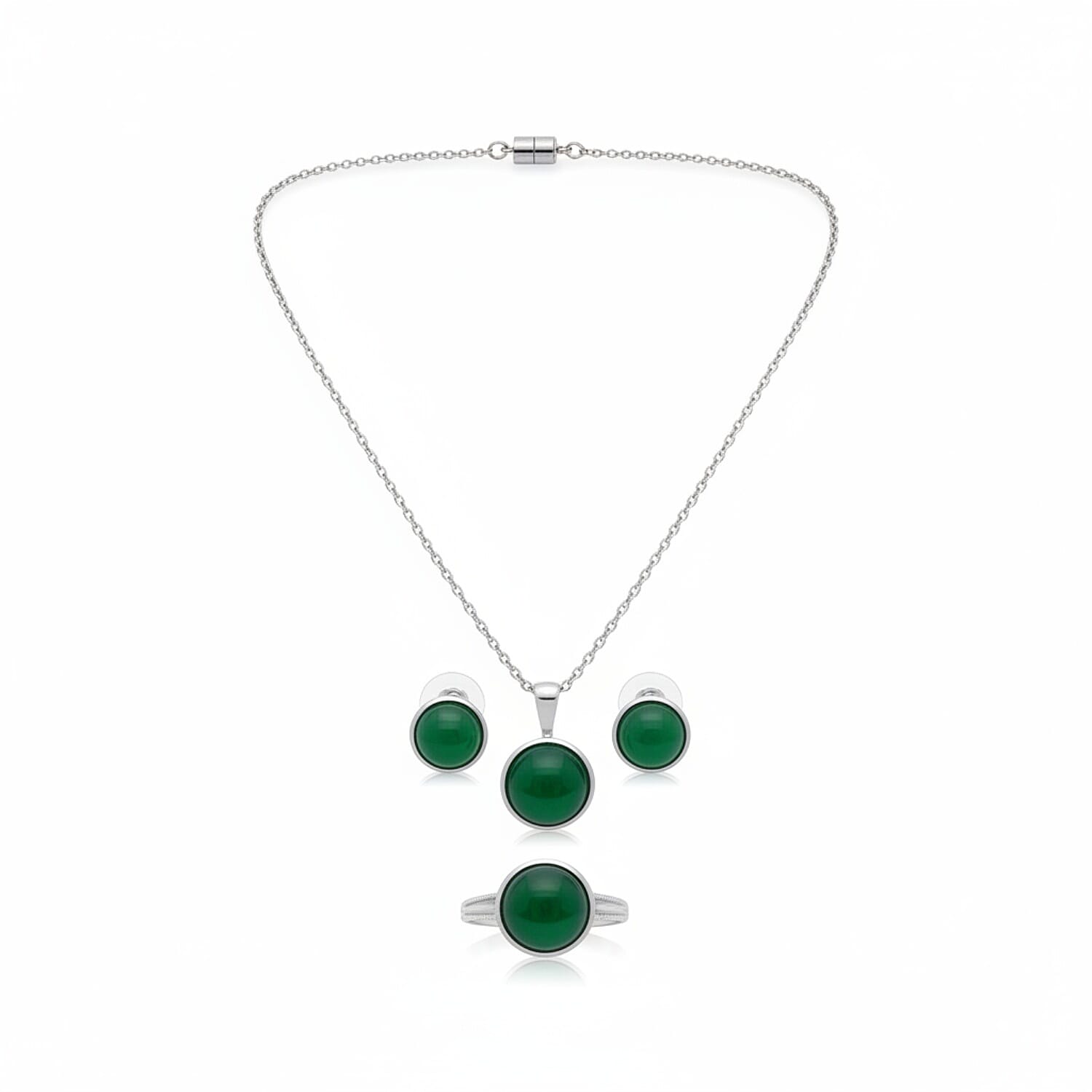 3 Piece Set - Green Onyx Earring with Push Back, Ring & Pendant with Chain (Size 20) 23.42 Ct.