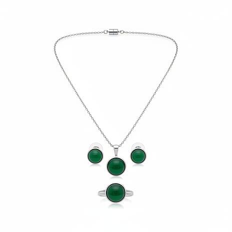 3 Piece Set - Green Onyx Earring with Push Back, Ring & Pendant with Chain (Size 20) 23.42 Ct.