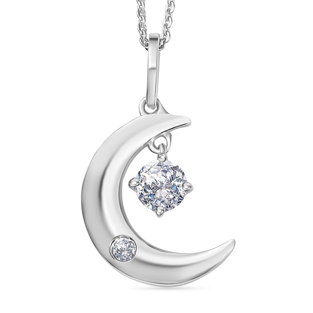 Swarovski Zirconia Moon Pendant with Chain (Size 20) in Rhodium Overlay Sterling Silver 1.00 Ct.