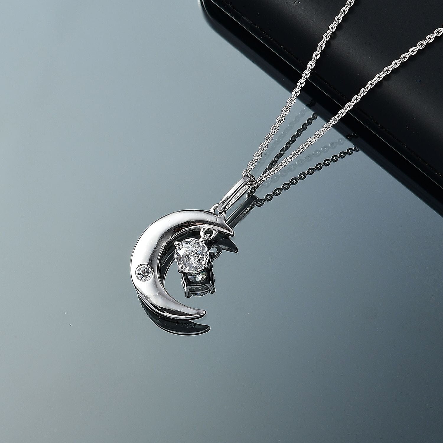 Swarovski Zirconia Moon Pendant with Chain (Size 20) in Rhodium Overlay Sterling Silver 1.00 Ct.