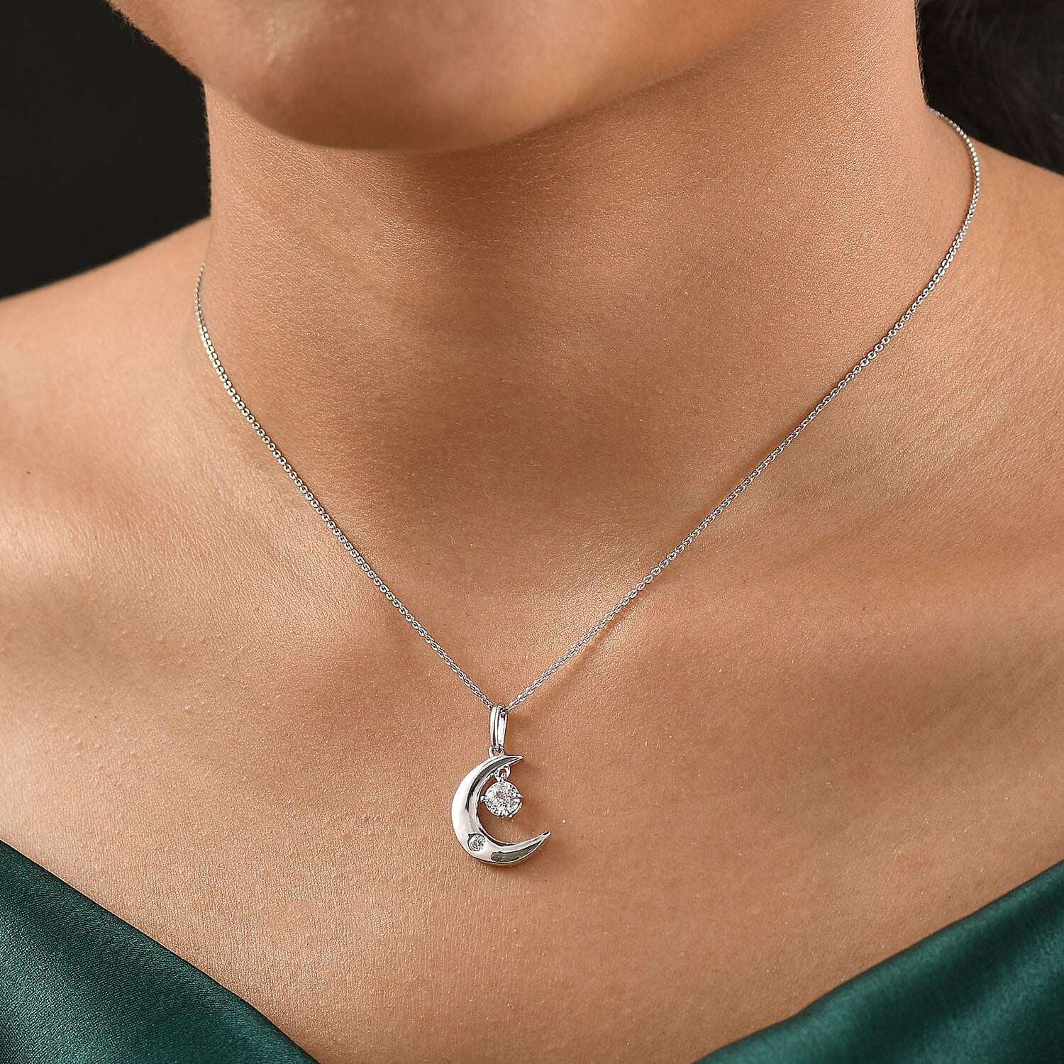 Swarovski Zirconia Moon Pendant with Chain (Size 20) in Rhodium Overlay Sterling Silver 1.00 Ct.