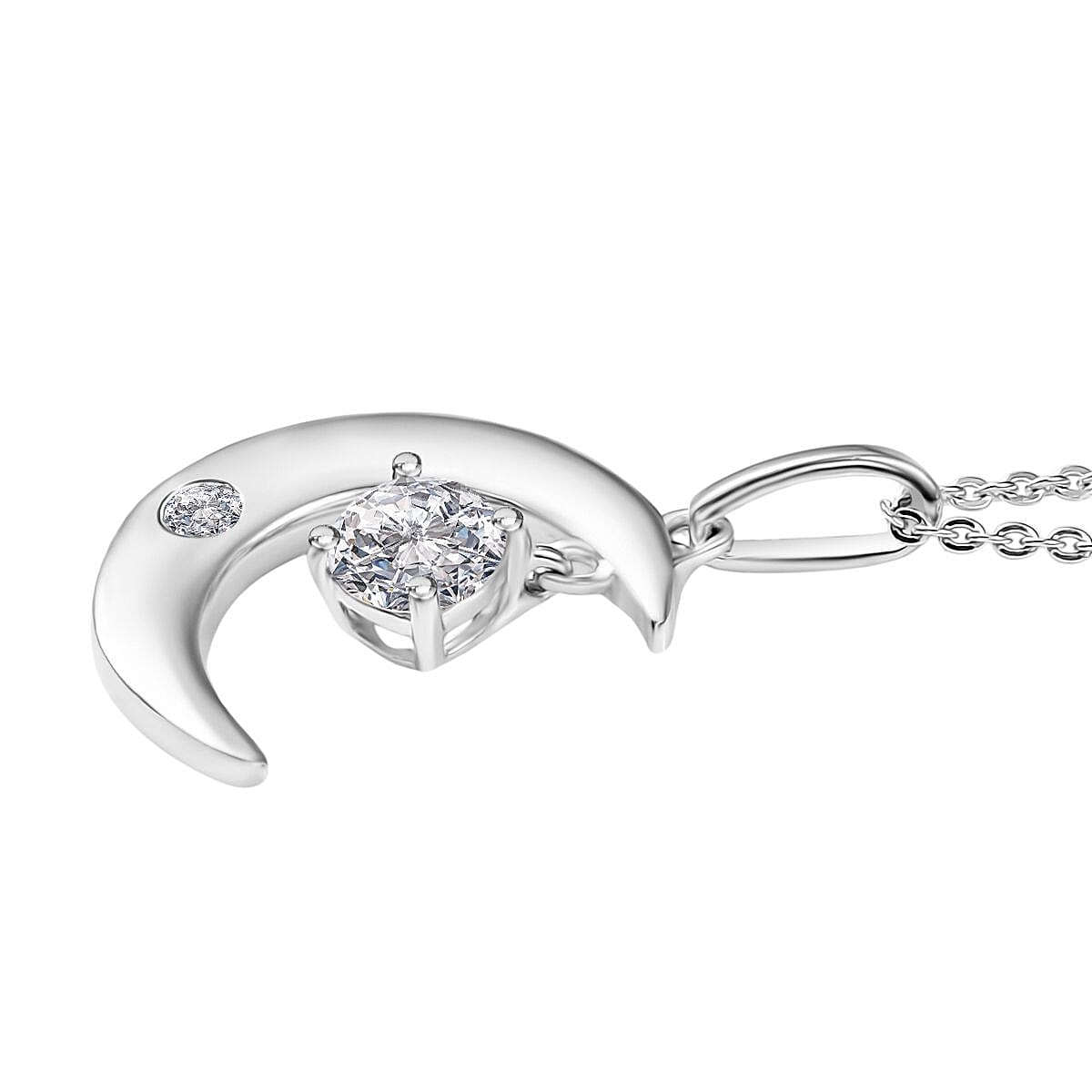 Swarovski Zirconia Moon Pendant with Chain (Size 20) in Rhodium Overlay Sterling Silver 1.00 Ct.