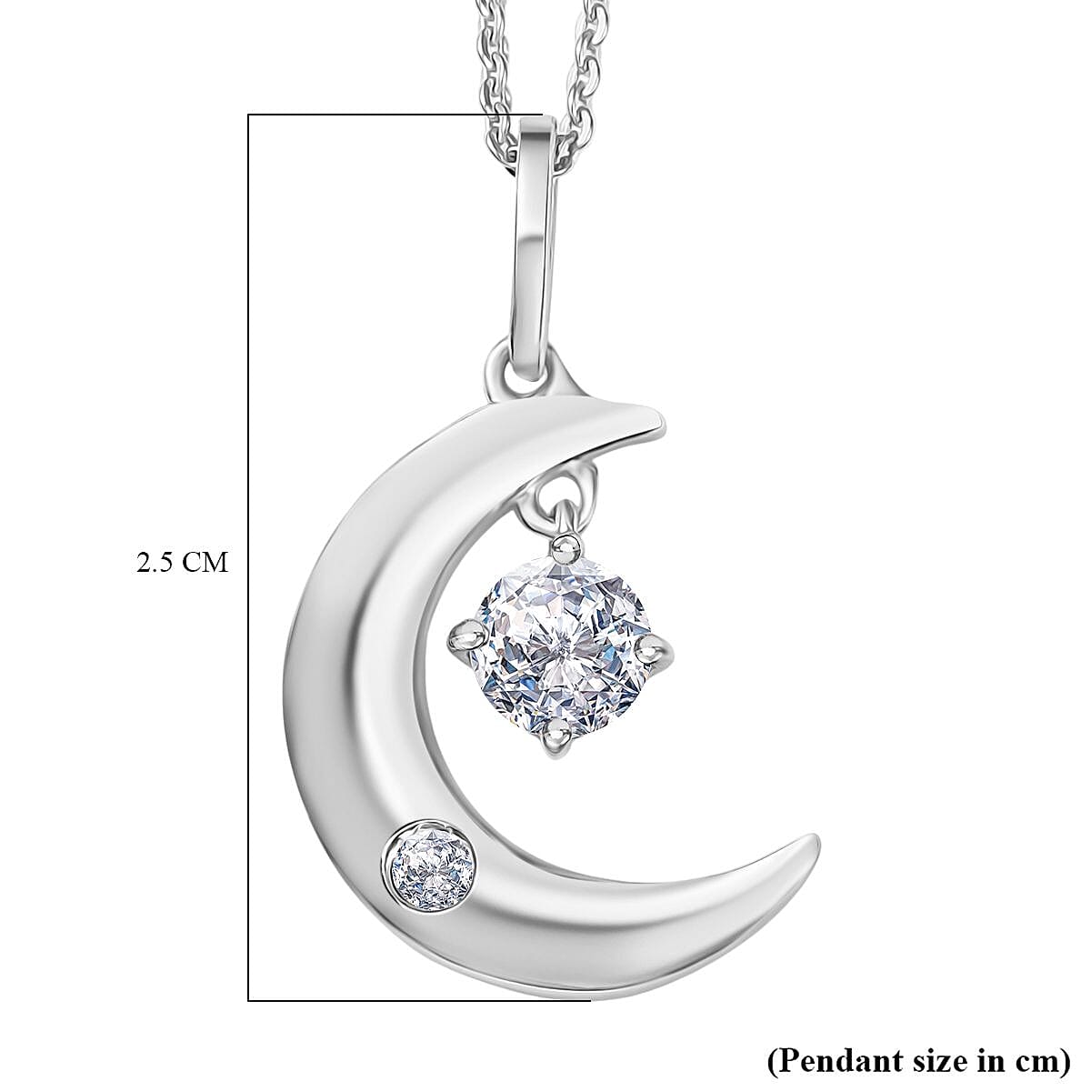 Swarovski Zirconia Moon Pendant with Chain (Size 20) in Rhodium Overlay Sterling Silver 1.00 Ct.